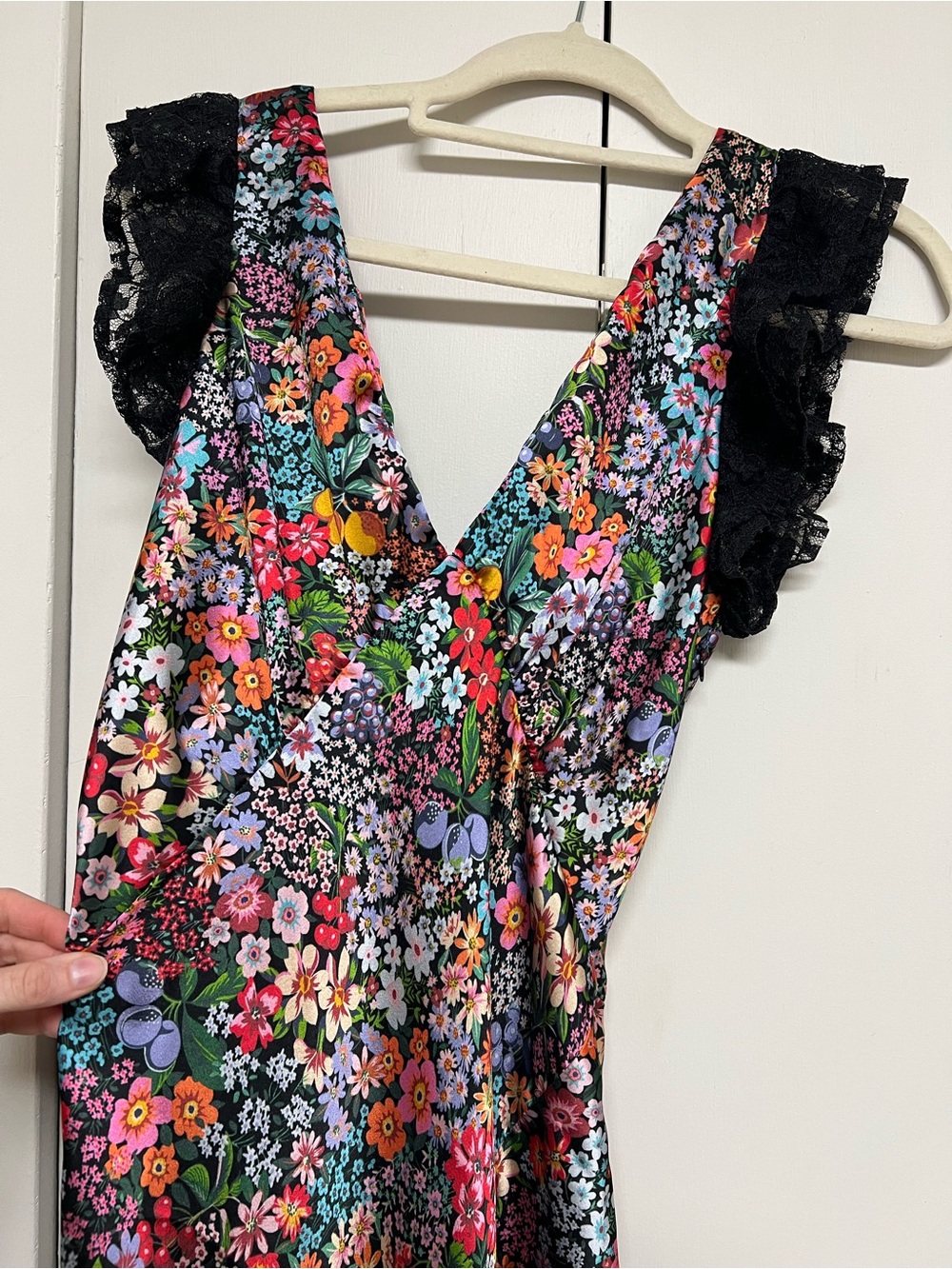 Beach Riot Black Floral Satin Chemise with Black Lace Ruffled Sleeves